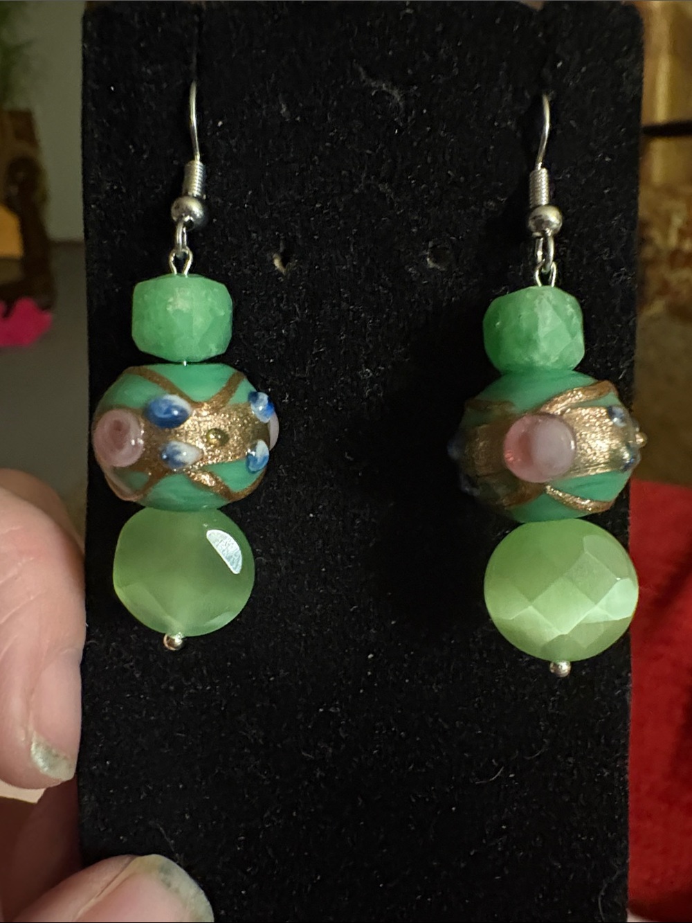 Hand Crafted Green Glass and Birthday Cake Bead Dangle with Gold Accents